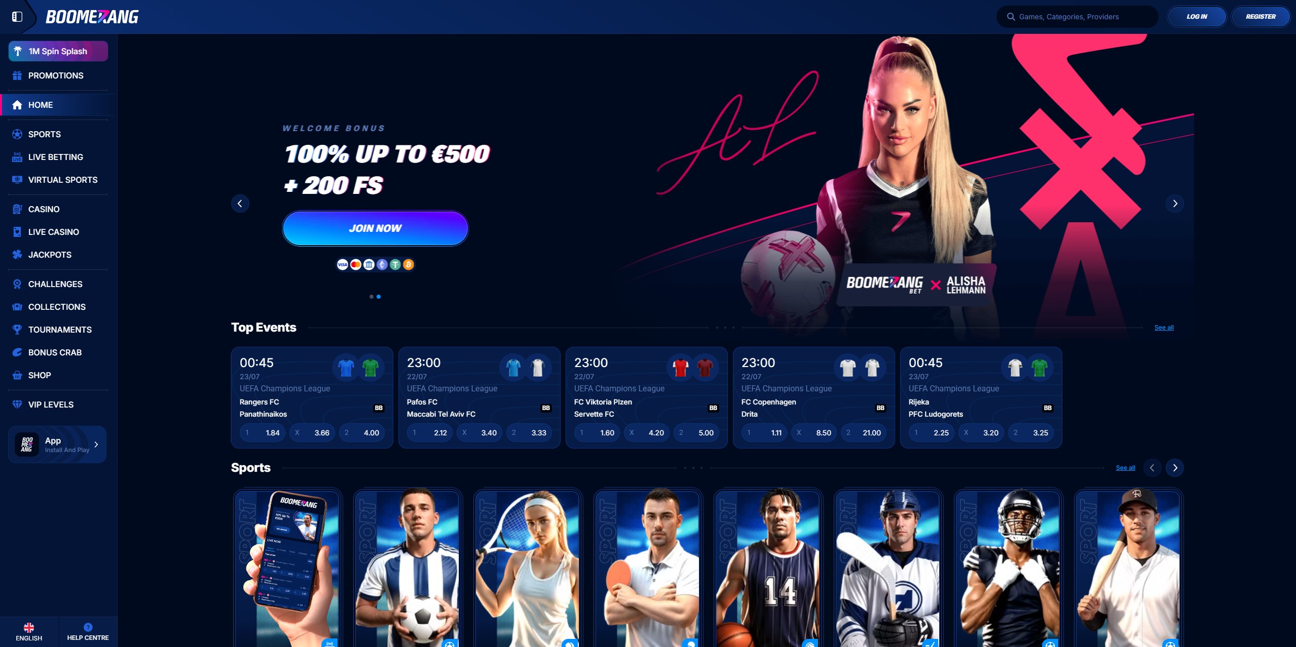Captura de pantalla de la interfaz principal de Boomerang, mostrando promociones y eventos deportivos