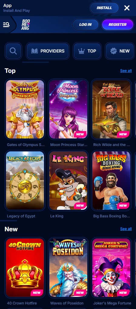 Vista del lobby de juegos de casino en la Boomerang app móvil
